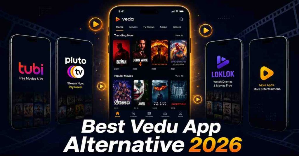 Dark cinematic banner showing multiple smartphones with streaming app interfaces and logos including Tubi, Pluto TV, and Loklok around a glowing center phone for Vedu App Alternative comparison.