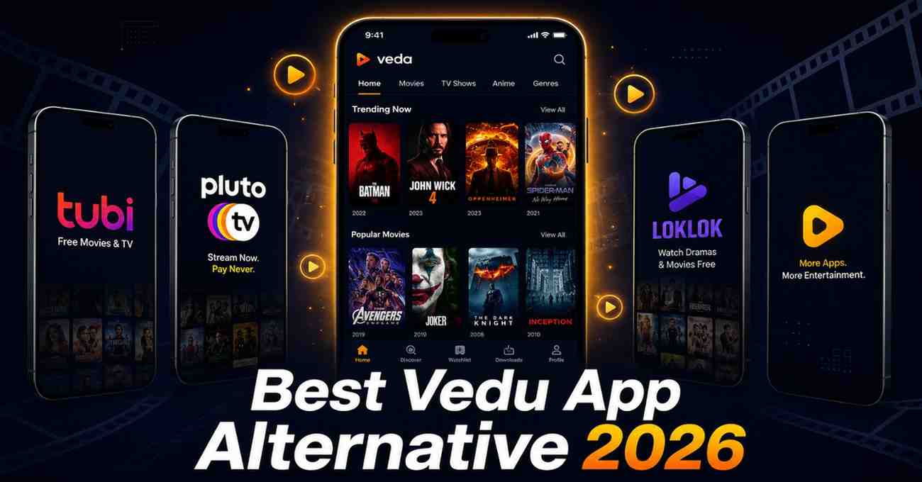 Dark cinematic banner showing multiple smartphones with streaming app interfaces and logos including Tubi, Pluto TV, and Loklok around a glowing center phone for Vedu App Alternative comparison.