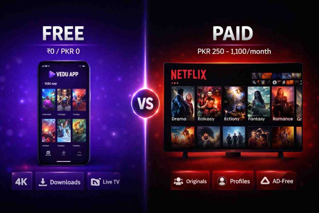 Vedu App vs Netflix pricing comparison showing free Vedu App and Netflix subscription plans from PKR 250 to 1100 monthly.