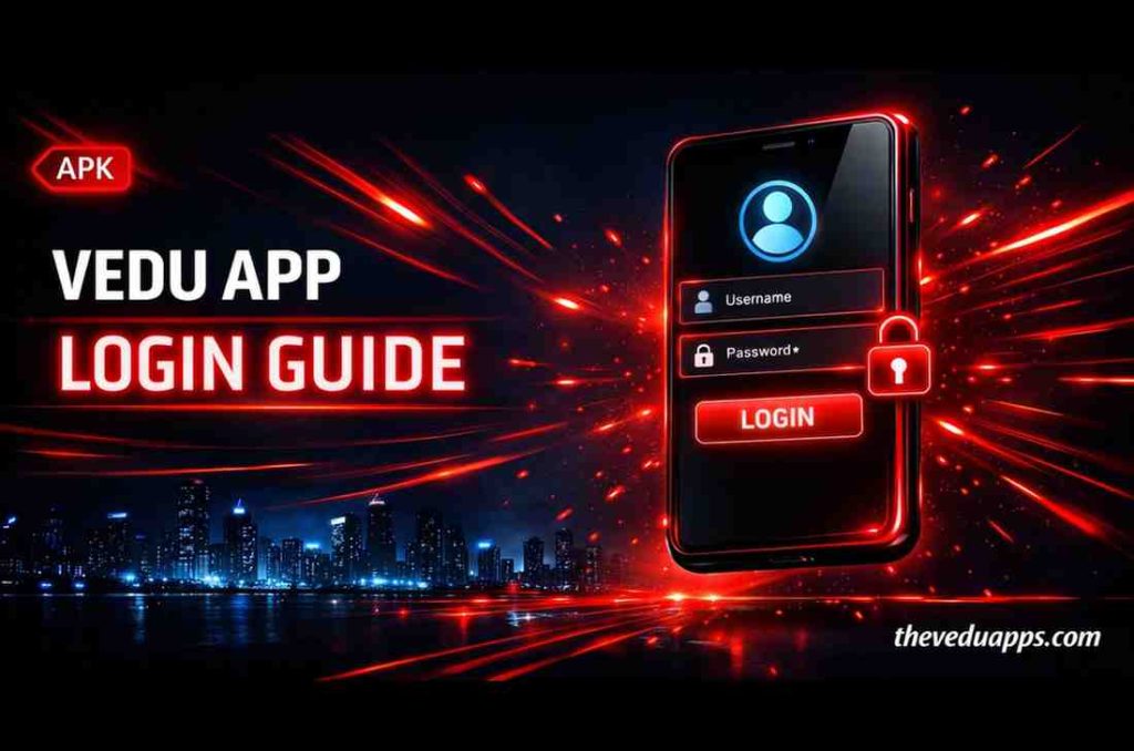 Vedu App login guide showing step by step sign in process with username, password and secure login screen for free movie streaming.