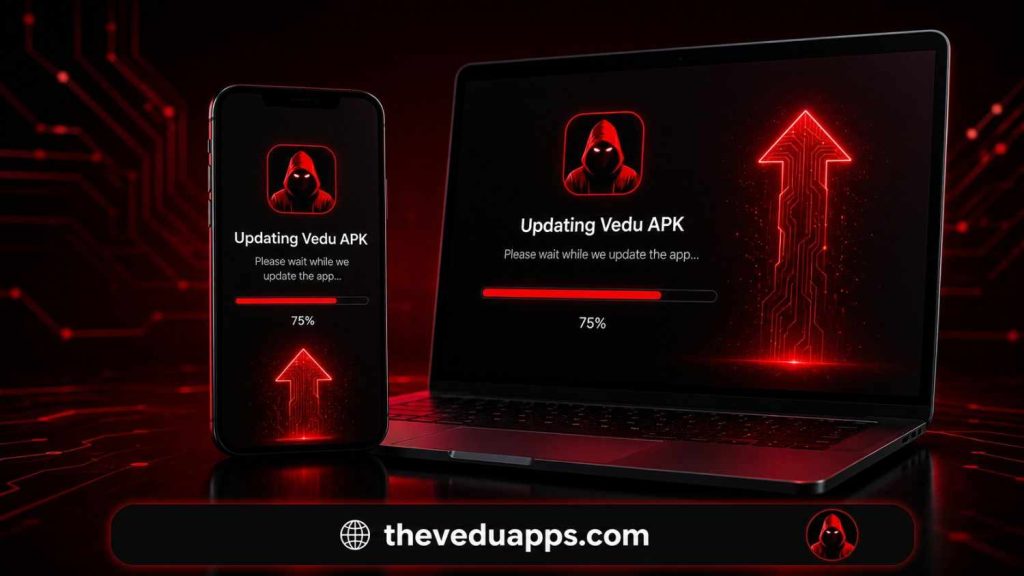 Updating Vedu APK progress screen on smartphone and laptop with 75 percent loading bar.