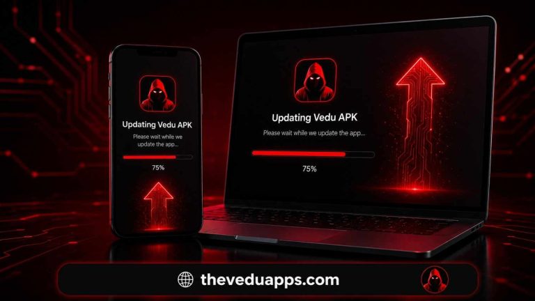Updating Vedu APK progress screen on smartphone and laptop with 75 percent loading bar.