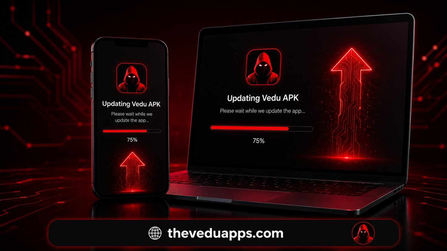 Updating Vedu APK progress screen on smartphone and laptop with 75 percent loading bar.
