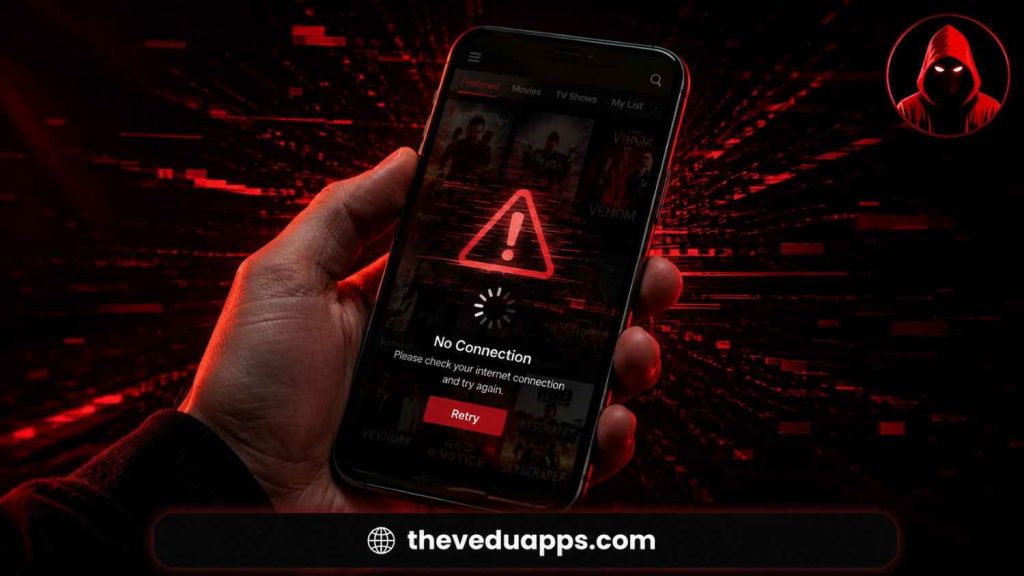 Vedu app not working error screen showing no connection warning and retry button on smartphone.