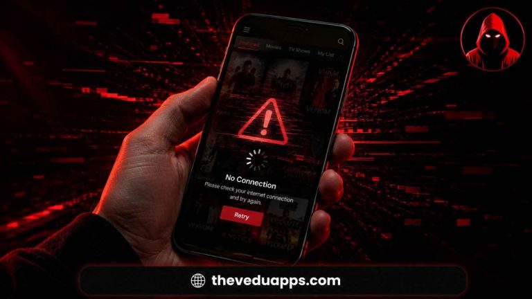Vedu app not working error screen showing no connection warning and retry button on smartphone.