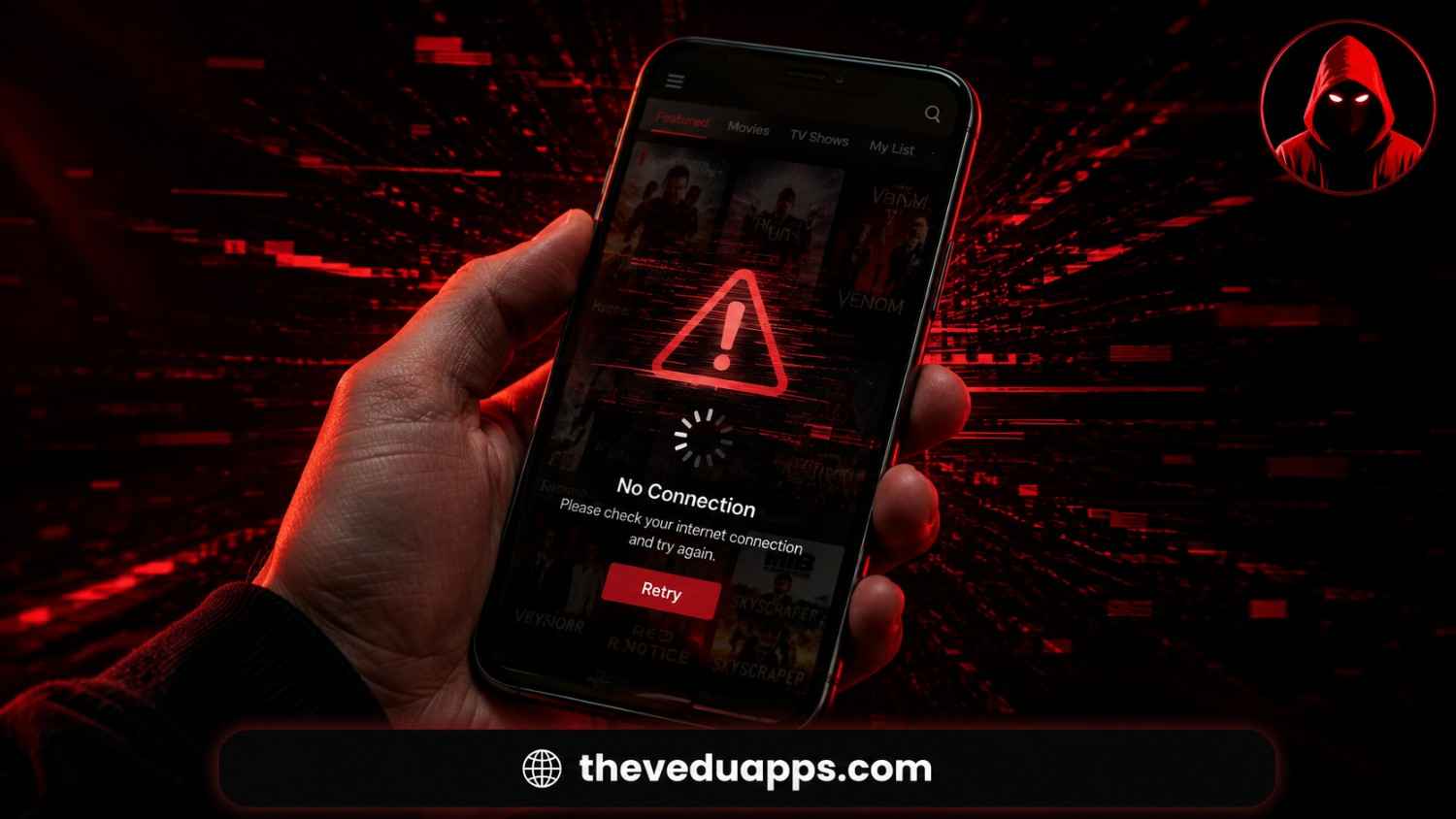 Vedu app not working error screen showing no connection warning and retry button on smartphone.