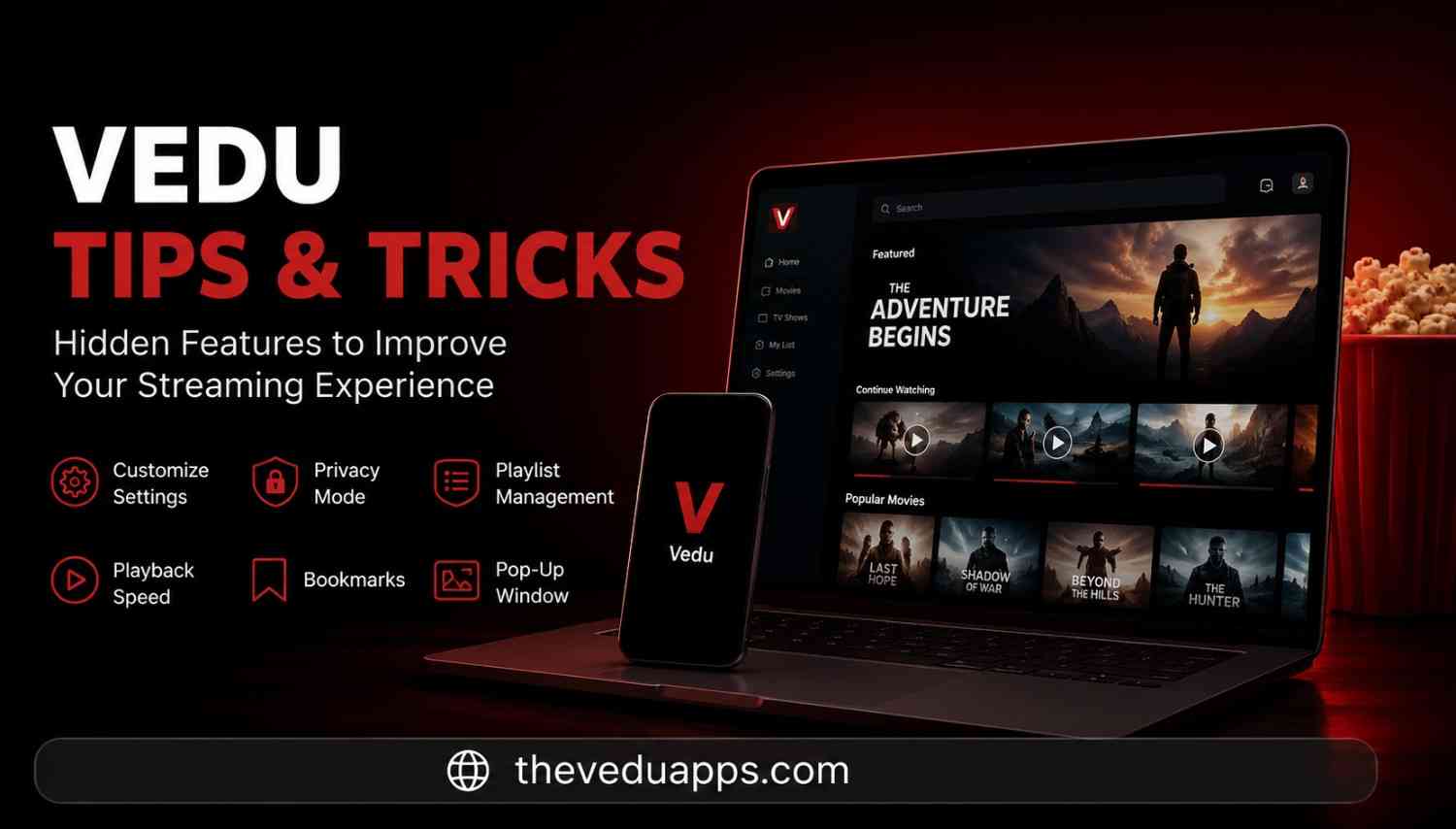 Vedu app tips and tricks interface showing playback speed, bookmarks and privacy mode features.